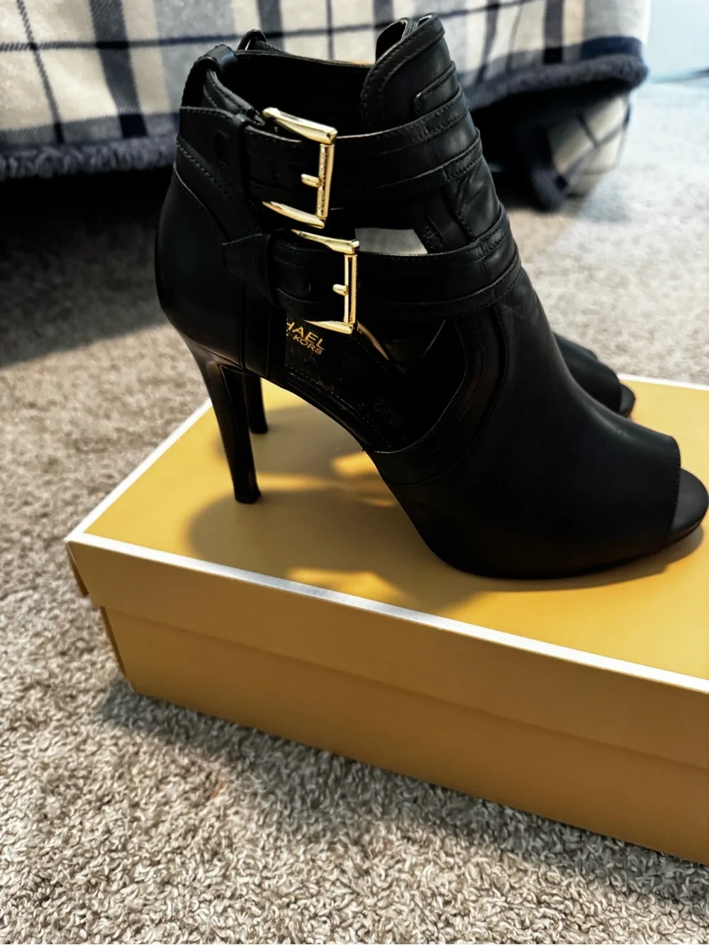 Michael Kors Black Leather Peep-Toe Strappy Stiletto Sandals with Gold Buckles